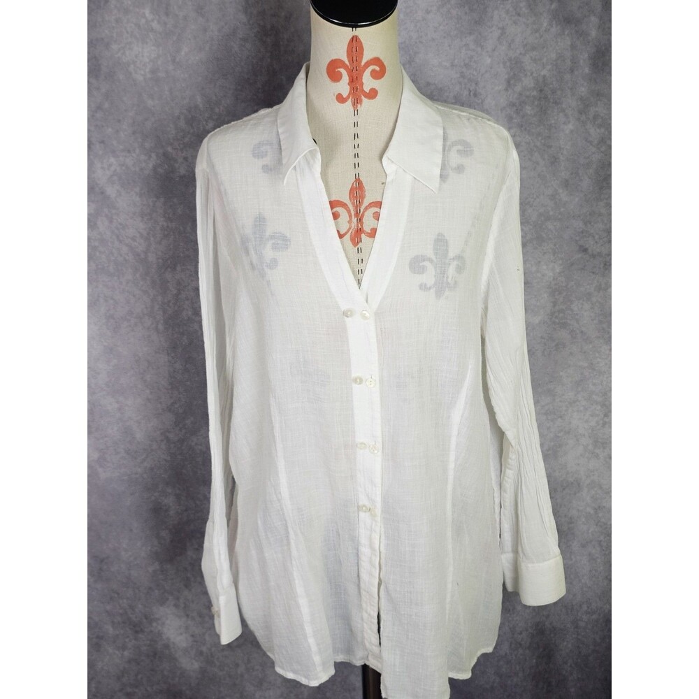 J.Jill White Gauze Textured Cotton Button Up Collared Shirt Sheer Women L READ